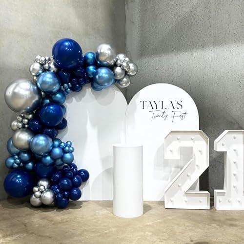 Blue Silver Balloons Set, 12 Inch Blue and Silver Balloons Dark Navy and Confetti Party Latex Balloon, Macaron Metallic Ba...