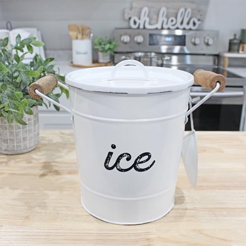AuldHome Design Rustic Enamelware Ice Bucket; White Farmhouse Style Insulated Ice Server