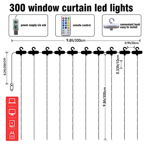 Dazzle Bright Curtain String Lights, 300 LED 9.8ft x 9.8ft 8 Lighting Modes Fairy Lights USB Powered, Waterproof Lights fo...