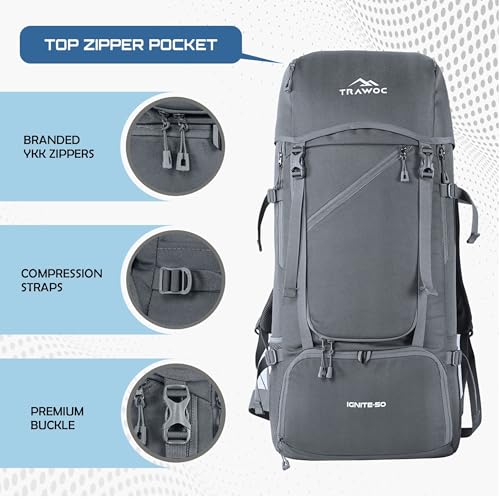 TRAWOC IGNITE 50L Travel Backpack-Front & Top Open for Hiking,Trekking, Unisex Rucksack SHK020-Grey