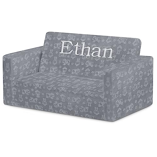 Delta Children Serta Perfect Sleeper Personalized Extra Wide Convertible Sofa to Lounger, Comfy 2-in-1 Flip Open Couch/Sleeper for Kids, Grey