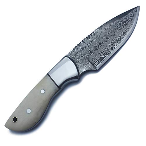 WolfKlinge Handmade Damascus Steel Fixed Blade Knife with Full Tang Bone Handle and Premium Buffalo Hide Leather Sheath fo...