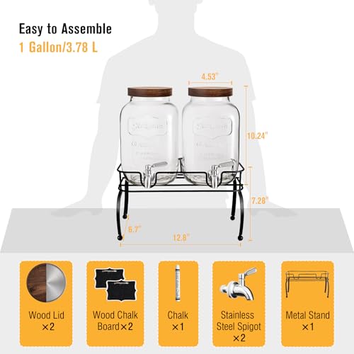 mustry Glass Drink Dispenser for Parties, 1 Gallon Beverage Dispenser with Stand and Spigot Solid Stainless Steel, Used as...