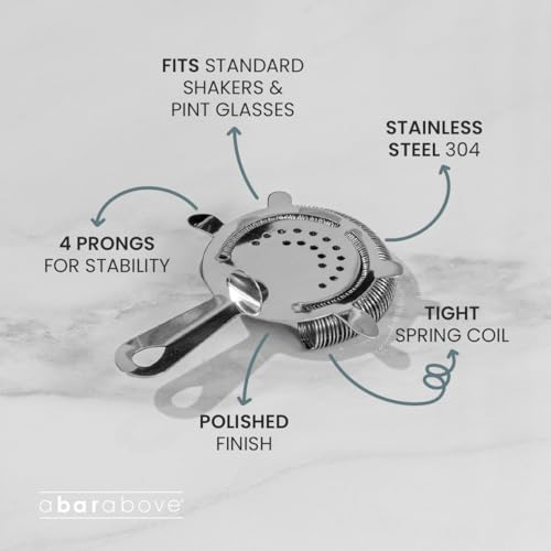A Bar Above Cocktail Strainer, 4-Prong Bar Strainer with High Density Spring for Smooth Pouring, Fits Boston Shaker Tins a...