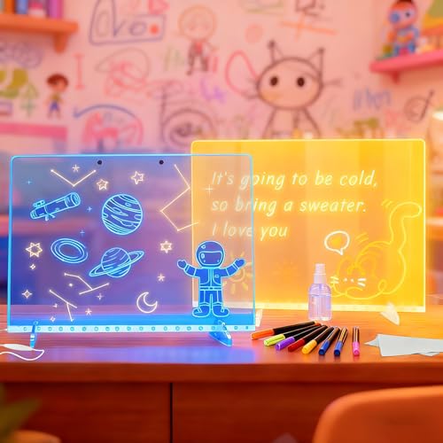 2026 LED Drawing Board for Kids Ages 6+, 2 Pack 13.7"x9.75" Plug-in Light Up Dry Erase Note Boards with Colors, 7 Color Mo...