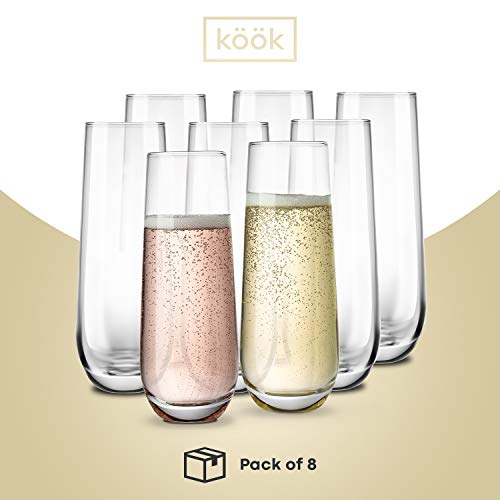 KooK Champagne Flutes, Champagne Glasses, Mimosa Glasses, Stemless Champagne Flutes, Set of 8, 9.4oz, Rose, Prosecco, for ...