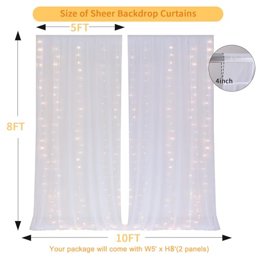 10 FT x 8 FT White Backdrop Curtain - Tulle Backdrop Curtain with 9.8FT Lights String - Sheer Backdrop Curtains with 4 Inc...