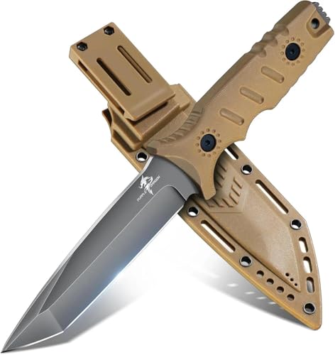 Purple Dragon Khaki Fixed Blade Outdoor Knife with Kydex Sheaths,D2 Steel Camping Knives for Bushcraft,Hiking and Wilderne...