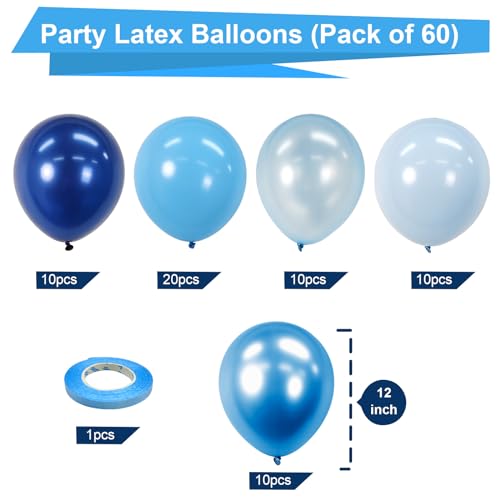 Bezente Blue Balloons Set,60pcs 12 inch Metallic Blue Pearl Blue Navy Blue Pastel Blue Latex Balloons Kit for Birthday,Bab...