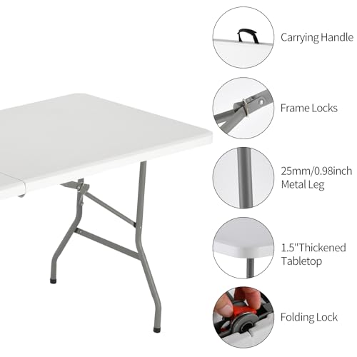 Folding Table, 6 feet Plastic Folding Table for Indoor & Outdoor Activites for Picnic, Camping, BBQ and Party with Carryin...
