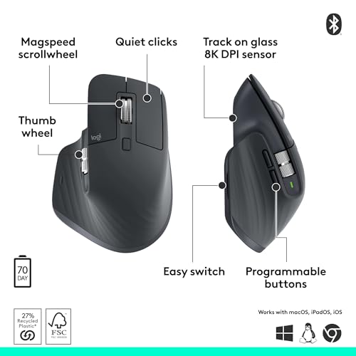 Logitech MX Master 3S Bluetooth Edition Wireless Mouse, No USB Receiver - Ultra-Fast Scrolling, Ergo, 8K DPI, Track on Gla...