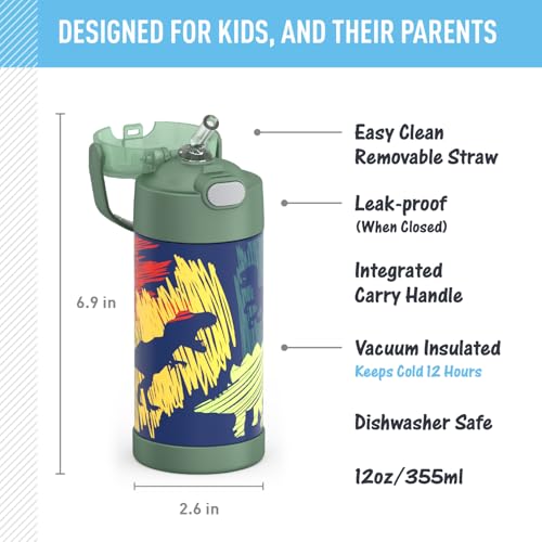 THERMOS FUNTAINER Water Bottle with Straw - 12 Ounce - Kids Stainless Steel Vacuum Insulated Water Bottle with Lid, Dinosaurs