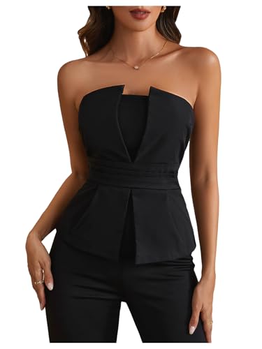 winkbay Women's Ruched Strapless Tube Top Elegant Asymmetrical Fitted Party Tops