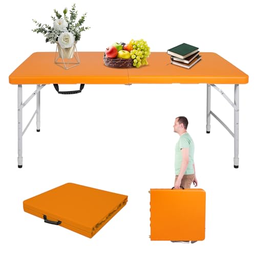 LSKSSNG Portable 4Ft Folding Table, Heavy Duty Plastic Fold-in-Half Utility Foldable Table Small, Adjustable Height Plasti...