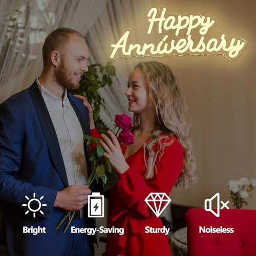 hhuohuona Happy Anniversary Neon Sign Dimmable Wedding Anniversary Decorations Led Sign Backdrop Feliz Aniversario Light U...