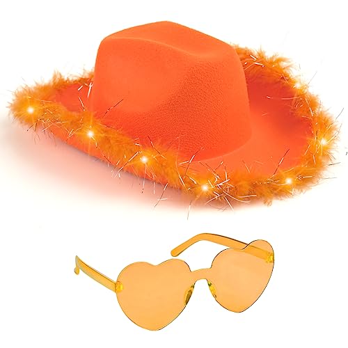 Funcredible Light Up Cowboy Hat and Glasses – LED Cowgirl Hat with Feathers – Cowgirl Costume Accessories for Women