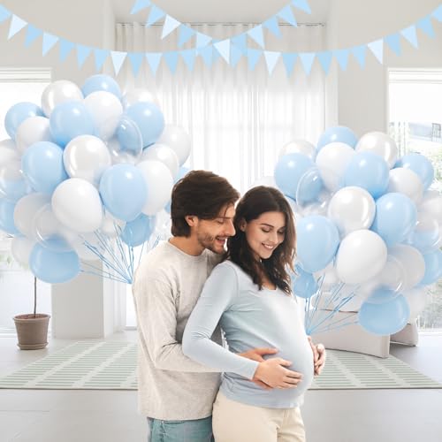 60pcs Blue and White Balloons 12inch, Clear Pearl White Light Blue Balloons for Baby Shower Birthday Party Decorations