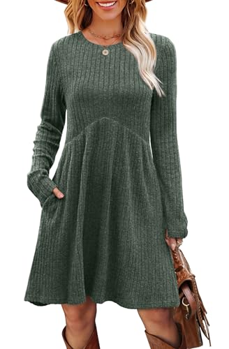 OFEEFAN Long Sleeve Dress for Women Crew Neck Empire Waist Tunic Dress with Pockets