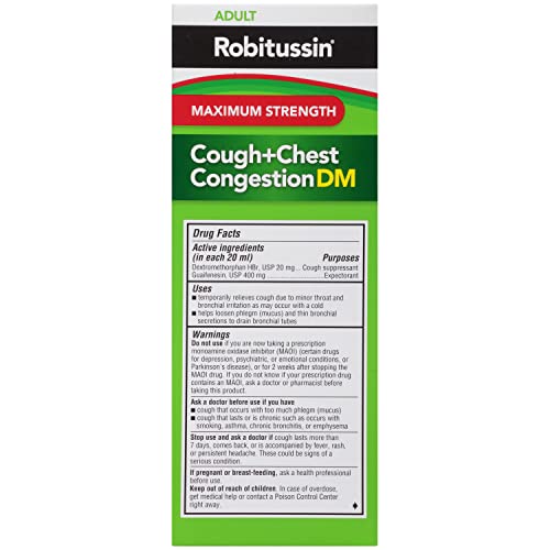 Robitussin Adult Maximum Strength Cough Plus Chest Congestion DM Max, Cough Suppressant and Expectorant, Raspberry Flavor, 8 Fl Oz x 2