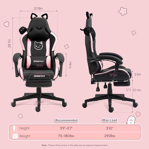 Dowinx Gaming Chair Cute with Cat Ears and Massage Lumbar Support, Ergonomic Computer Chair for Girl with Footrest and Hea...