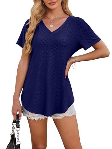 OFEEFAN Womens T Shirts V Neck Short Sleeve Casual Tops Loose Fit Basic Tees with Curved Hem