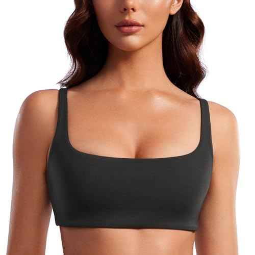 CRZ YOGA Butterluxe Square Neck Sports Bras for Women - Spaghetti Strap Yoga Wireless Low Coverage Padded Cami Crop Top