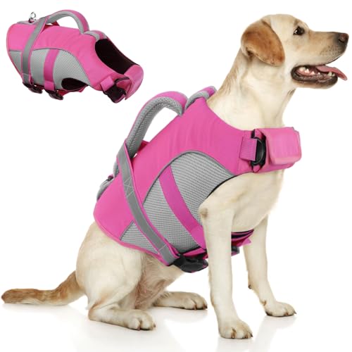 Queenmore Dog Life Vest for Swimming, Adjustable High Visibility Dogs Life Jacket, Dog Lifesaver with Superior Buoyancy an...