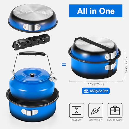 Odoland 5pcs Camping Cookware Non-Stick Camping Pot and Pan Set with Kettle and Removable Handle for Hiking Backpacking an...