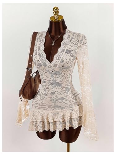Milumia Women's Lace Ruffle Layer Sheer Mini Dress Deep V Neck Long Sleeve Short Dresses