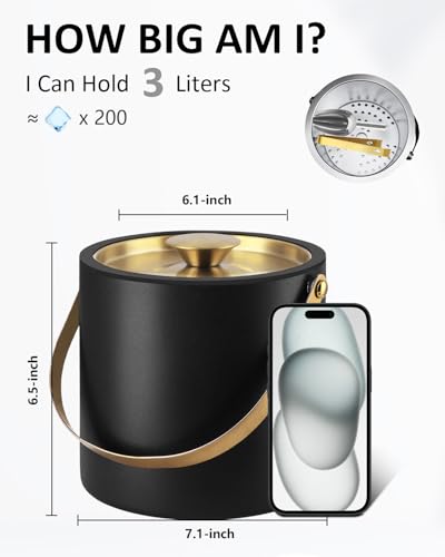 Bakpoco 3L Ice Bucket with Silicone Lid, Scoop, Gold Tongs & Strainer, Stainless Steel Double Wall Insulated Ice Buckets f...
