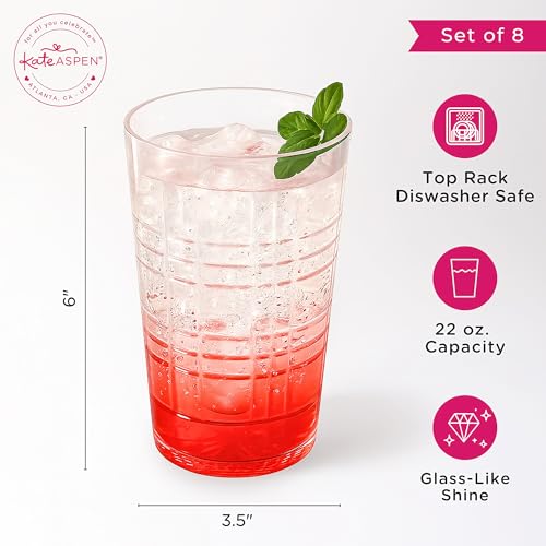 Kate Aspen Clear Plaid Acrylic Glasses Drinkware, Plastic Drinking Glasses Set of 8, 22 oz, Tumblers & Water Glasses Dishw...