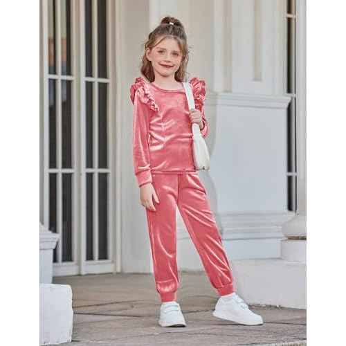 Arshiner Girls 2 Piece Outfits Velour Tracksuit Cute Clothes Sweatsuit Ruffle Pullover Sweatshirt Sweatpants Clothing Sets