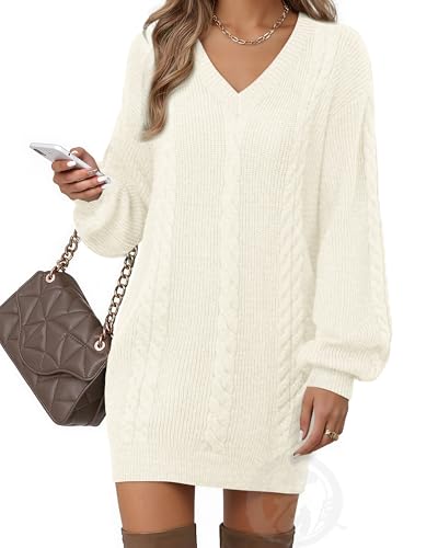 VAFOLY Women's Pullovers Jumper Sweaters Lantern Sleeve Casual V Neck Fall Knit Mini Sweater Dresses