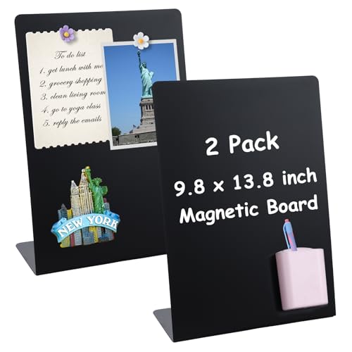 2 Pack Magnetic Board for Tabletop Magnet Bulletin Board with 2 Magnetic Pen Holders and 4 Flower Magnets 10×14 Inch Memo ...