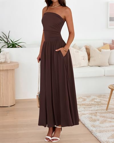 BTFBM Summer Maxi Dresses for Women 2026 Strapless Ruched Tube Top Beach Vacation Spring Wedding Guest Dress Pockets