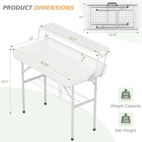 LHBcraft Outdoor Ice Cooler Folding Table with Extra Storage Shelf,Ice Tables for Parties with Drain,Cooler Server for Cam...