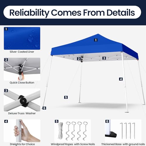 PHONWHON 10x10 Pop Up Canopy, 300D Silver Coated Blue Fabric Outdoor Gazebo, Beach Tent Slant Legs with Storage Bag,Easy U...