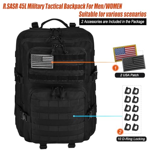 R.SASR Military Tactical Backpack 45L Large Tactical Backpack for Men, Hiking Rucksack With Bottle Holder