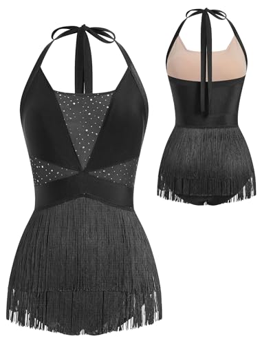 ODASDO Woman Latin Dance Costume Mesh Sequin Bodysuit Sparkly Jumpsuit Halter Neck Tassel Fringe Romper Mini Dress XS-XL