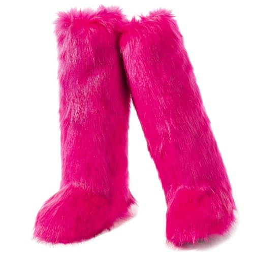 IXU Women's Faux Fur Boot Furry Fluffy Round Toe Suede Winter Comfy Plush Warm Short Outdoor Indoor Flat Shoes Knee-High B...