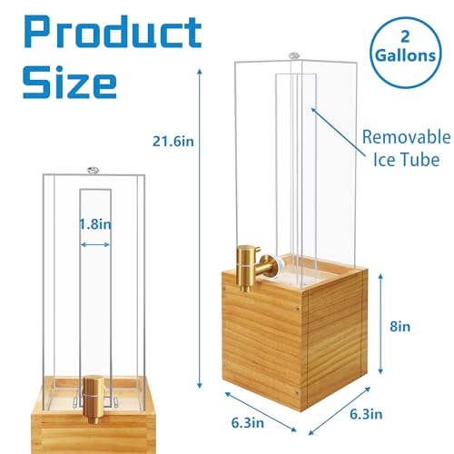 Beverage Dispenser with Stand, 2 Gallon Drink Dispenser, Drink Dispensers for Parties, Individual Ice Container (Wood)