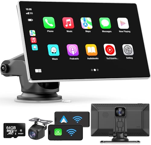 Madoec Portable Apple Carplay Screen for Car, 9" Wireless Apple Carplay & Android Auto,4K Dash Cam,1080p Backup Camera DV...