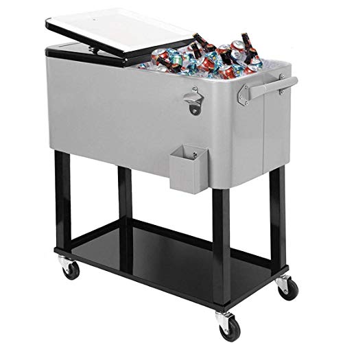 80 Quart Qt Rolling Cooler Ice Chest for Outdoor Patio Deck Party, Grey, Portable Party Bar Cold Drink Beverage Cart Tub, ...