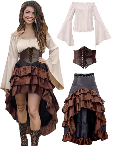 Verceco Pirate Costume Women Outfit with Renaissance Pirate Shirt Skirt Corset Waist Belt Womens Halloween Pirate Costumes...