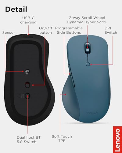 Lenovo Yoga Pro Mouse, Bluetooth, USB-C Rechargable, Dual Mode Bluetooth, 6 Button, Right Handed Design, Ergonomic Design,...