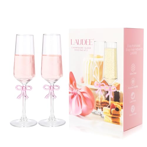 LAUDEE Champagne Glasses Set of 2, 8oz Elegant Crystal Stemmed Champagne Flutes with Pink Bow for Prosecco, Sparkling Win...