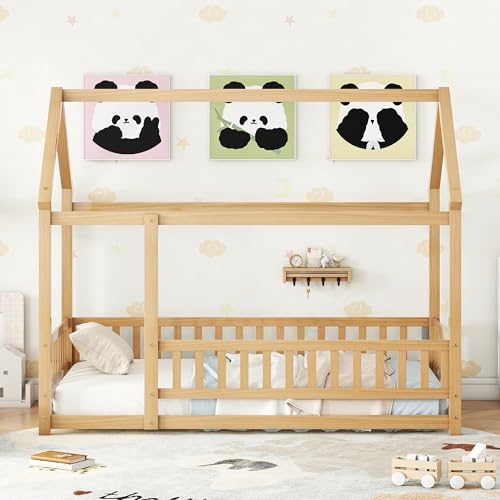 Bellemave Twin Size House Floor Bed Frame,Wooden Montessori Floor Bed with Fence for Kids,Twin Size Kids Bed,Natural