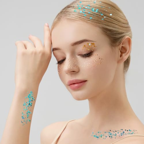 Teenitor 9 Color Face Glitter and 3 Gold Face Freckles Set - No Glue Needed Body Glitter Gel, Hair Glitter Festival Makeup...