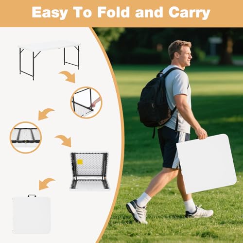 4ft Folding Table with Adjustable Height, 3-Level Foldable Table with HDPE Top & Steel Legs, Portable 4 Foot Folding Table...