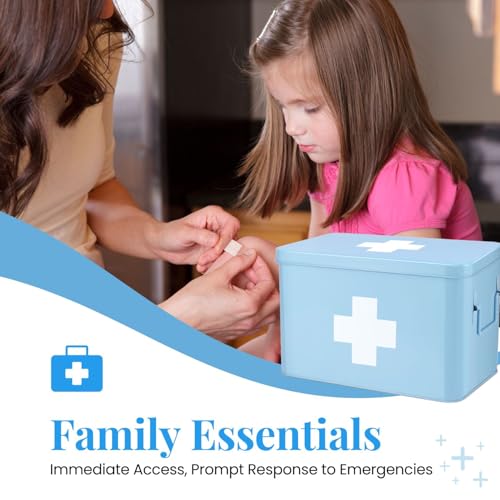Flexzion First Aid Box Organizer Empty 13" Blue Vintage First Aid Kit Tin Metal Medical Box - First Aid Storage Box Contai...
